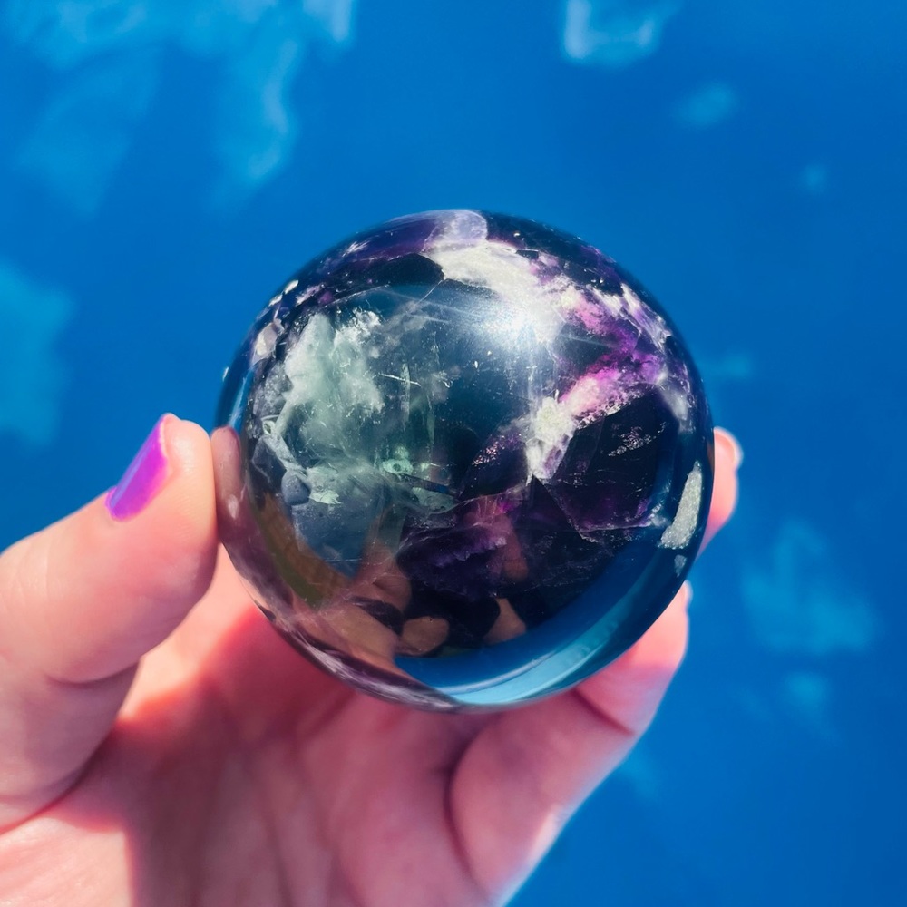 Feather Fluorite Geode Sphere